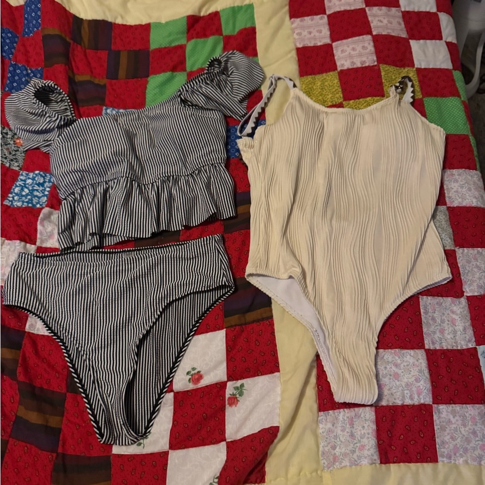 Striped Two-Piece Swimsuit and Cream One-Piece Swimsuit